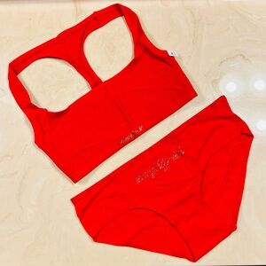 PINK VICTORIA’S SECRET Cotton Dorm Bralette Hipster Panties Red  “naughty-ish” L